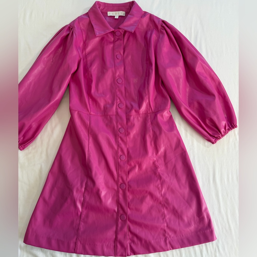 Karlie Faux Leather Dress Faux pink size S puffy sleeves - Picture 9 of 12